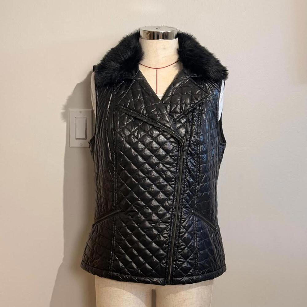 Talbots Qulited Puffer Vest With Removable Faux Fur Collar Women's M Black
